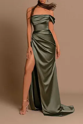 B4192 - Off-Shoulder Sleeveless Ruched Sheath Long Bridesmaid Dress With Slit