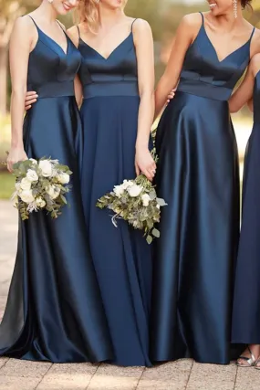 B4220 - V-Neck Spaghetti Straps Sleeveless Satin A-Line Long Bridesmaid Dress