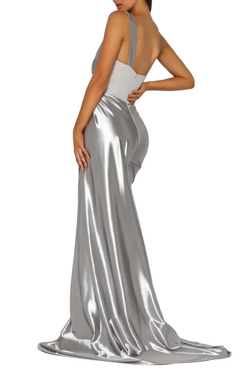 B4227 - Sweetheart One Shoulder Ruched Satin Sheath Long Bridesmaid Dress