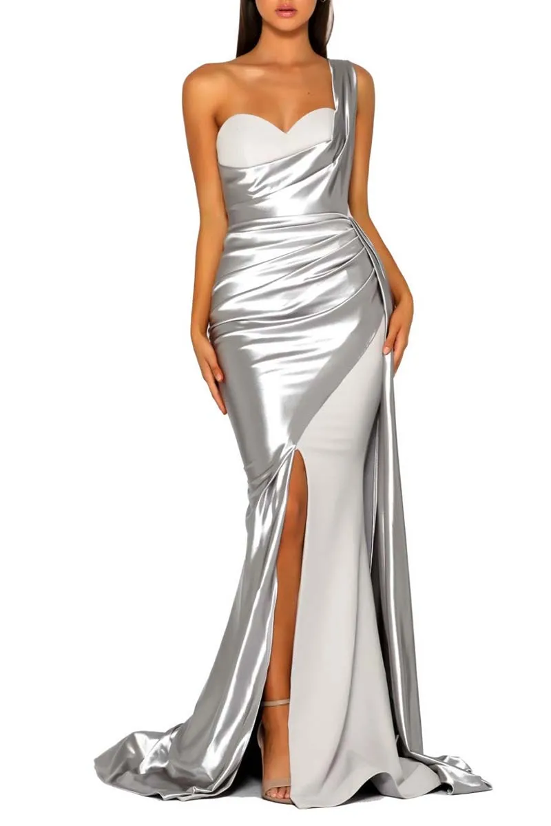 B4227 - Sweetheart One Shoulder Ruched Satin Sheath Long Bridesmaid Dress