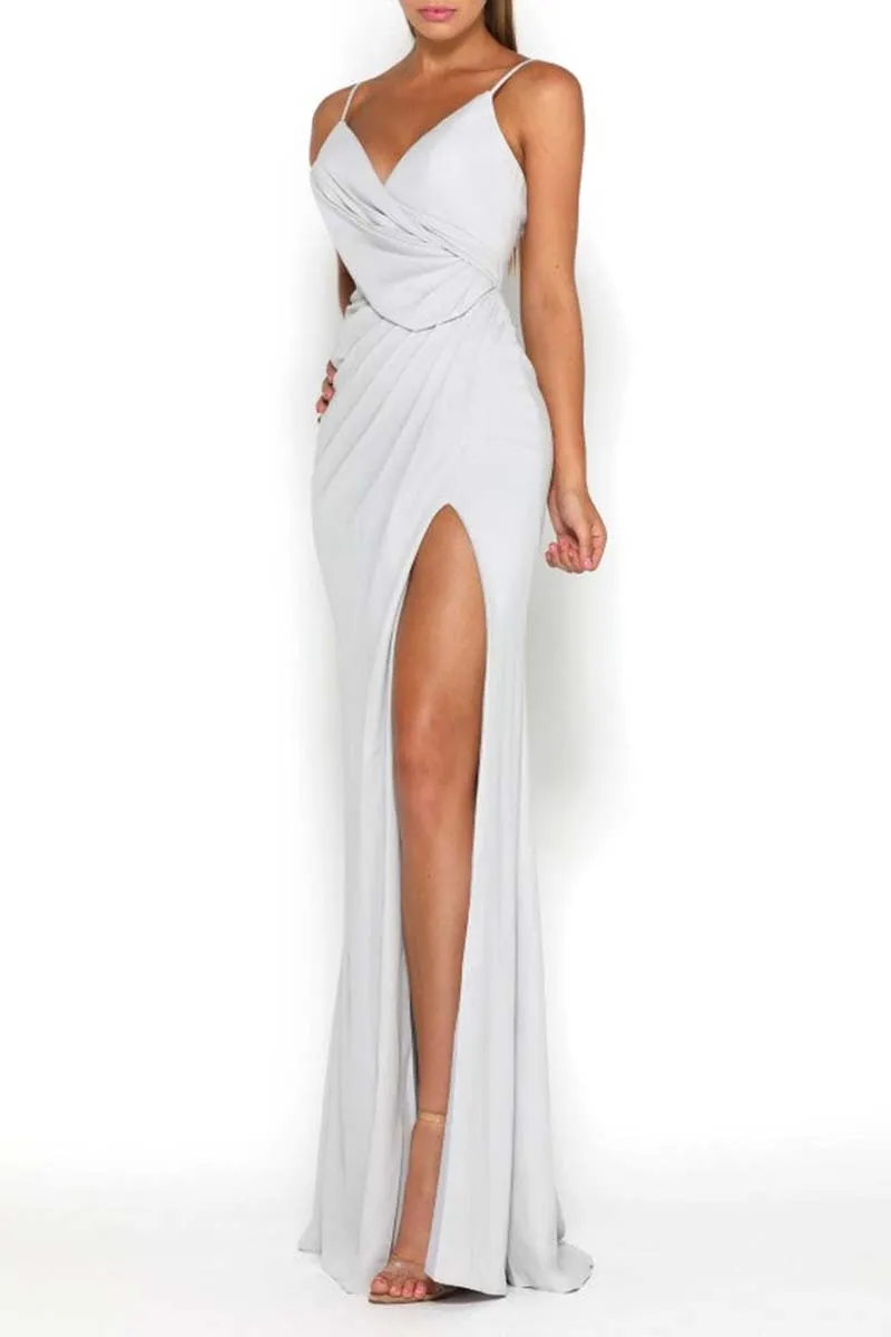 B4240 - V-Neck Spaghetti Straps Ruched Satin Sheath Long Bridesmaid Dress