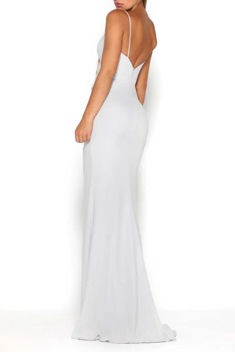 B4240 - V-Neck Spaghetti Straps Ruched Satin Sheath Long Bridesmaid Dress