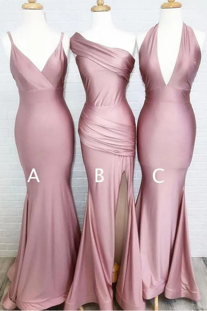 B4270 - Sheath Simple Mismatched Ruched Satin Long Bridesmaid Dress