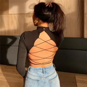 Backless Cross Lace Up Sexy Streetwear Crop Top Long Sleeve T-Shirts Women Black Solid Slim Spring Summer Tee Shirt