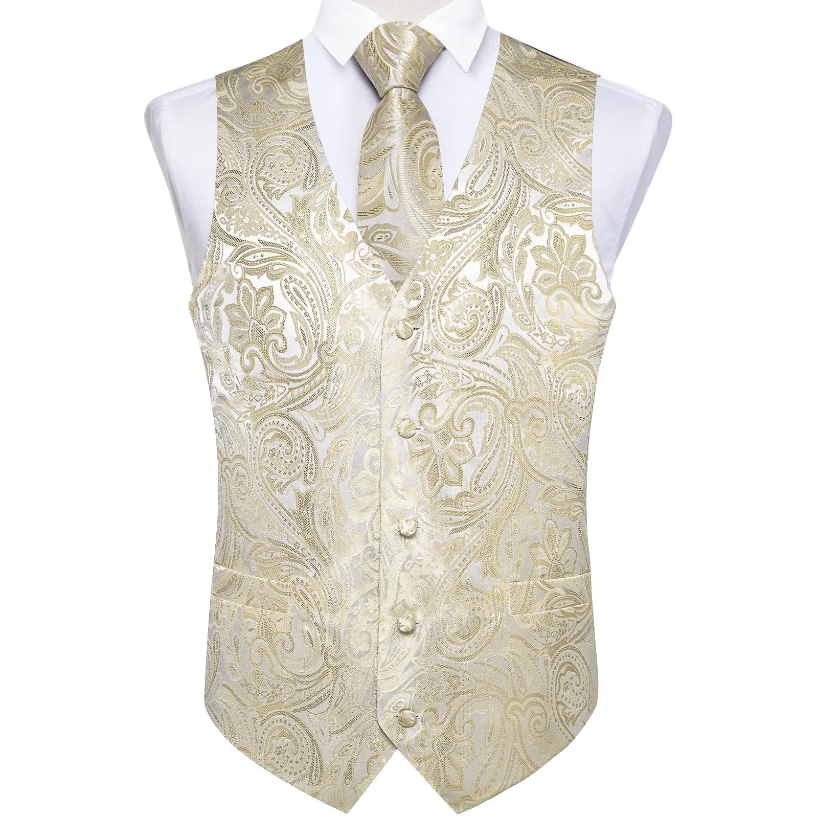 Beige Paisley Flower Silk Men's Vest Hanky Cufflinks Tie Set