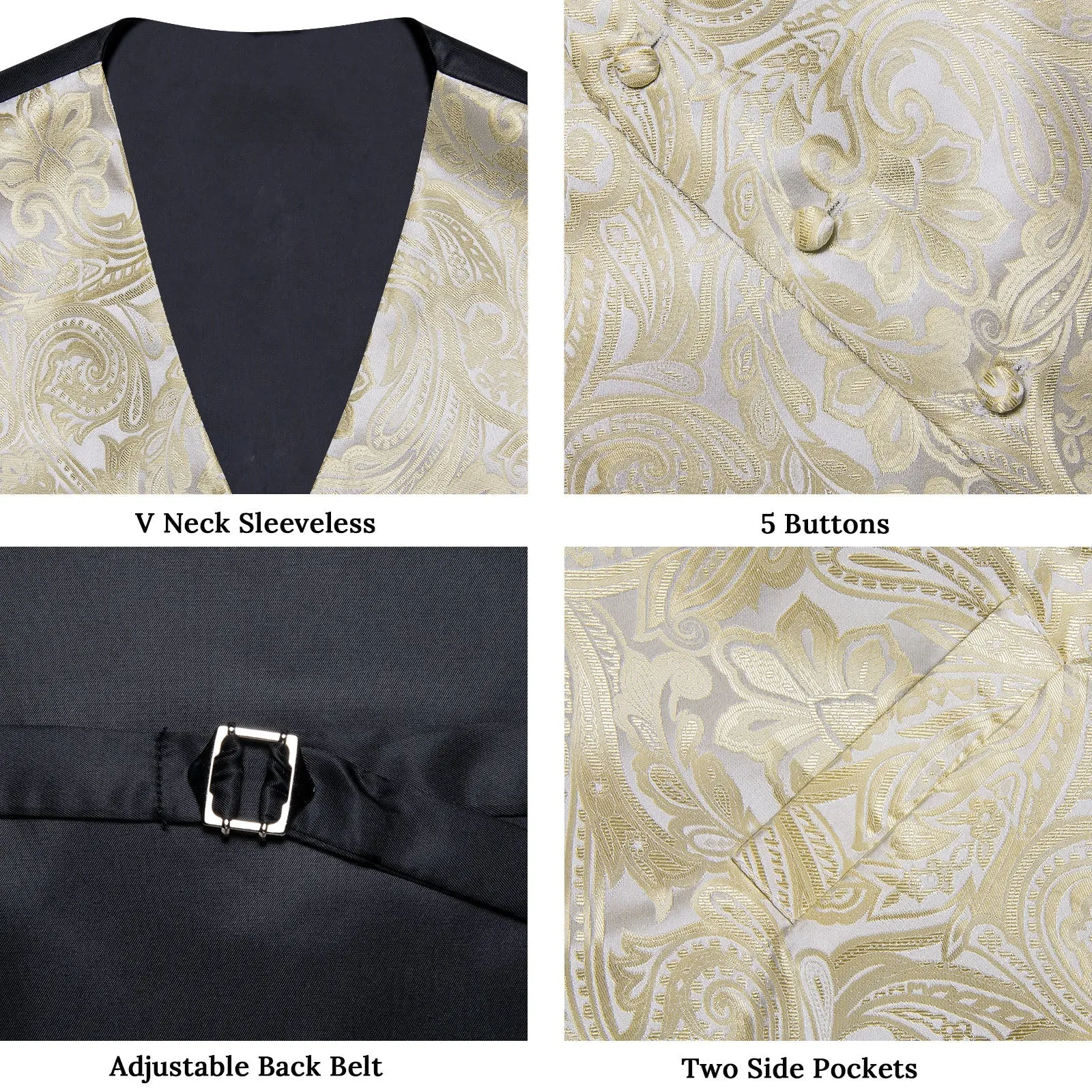 Beige Paisley Flower Silk Men's Vest Hanky Cufflinks Tie Set