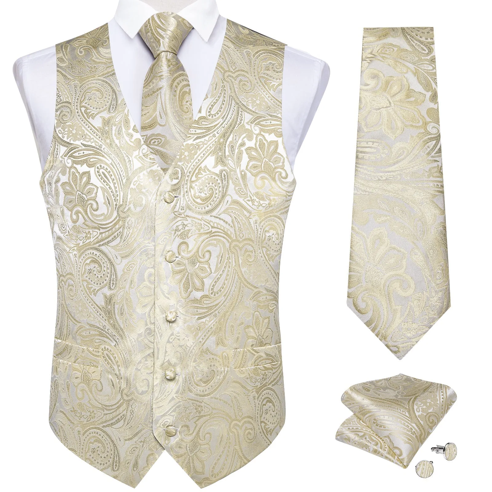 Beige Paisley Flower Silk Men's Vest Hanky Cufflinks Tie Set