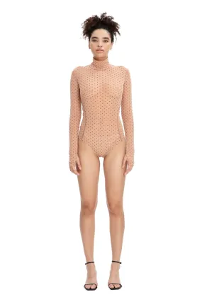 Beige Polka Dot Sheer Long Sleeve Turtleneck Bodysuit