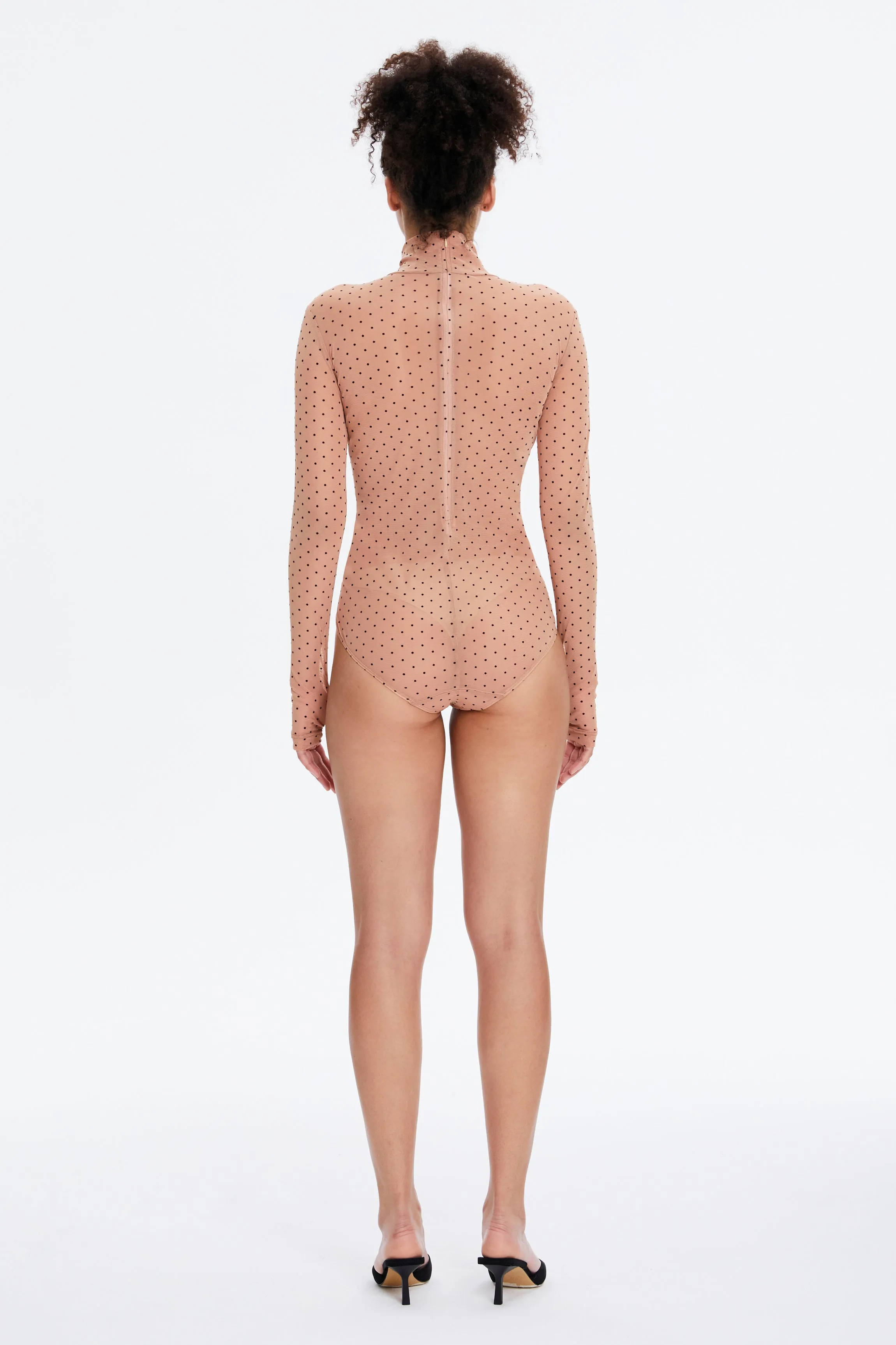 Beige Polka Dot Sheer Long Sleeve Turtleneck Bodysuit