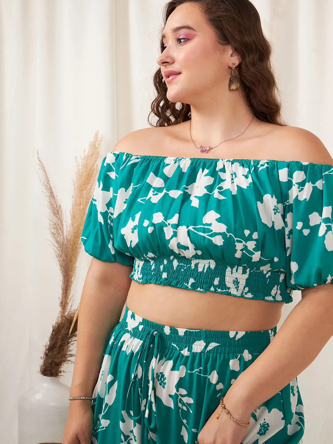 Berrylush Women Plus Size Green & White Floral Printed Off-Shoulder Neck Puff Sleeve Ruffled Crop Top & Maxi Skirt Co-Ord Set