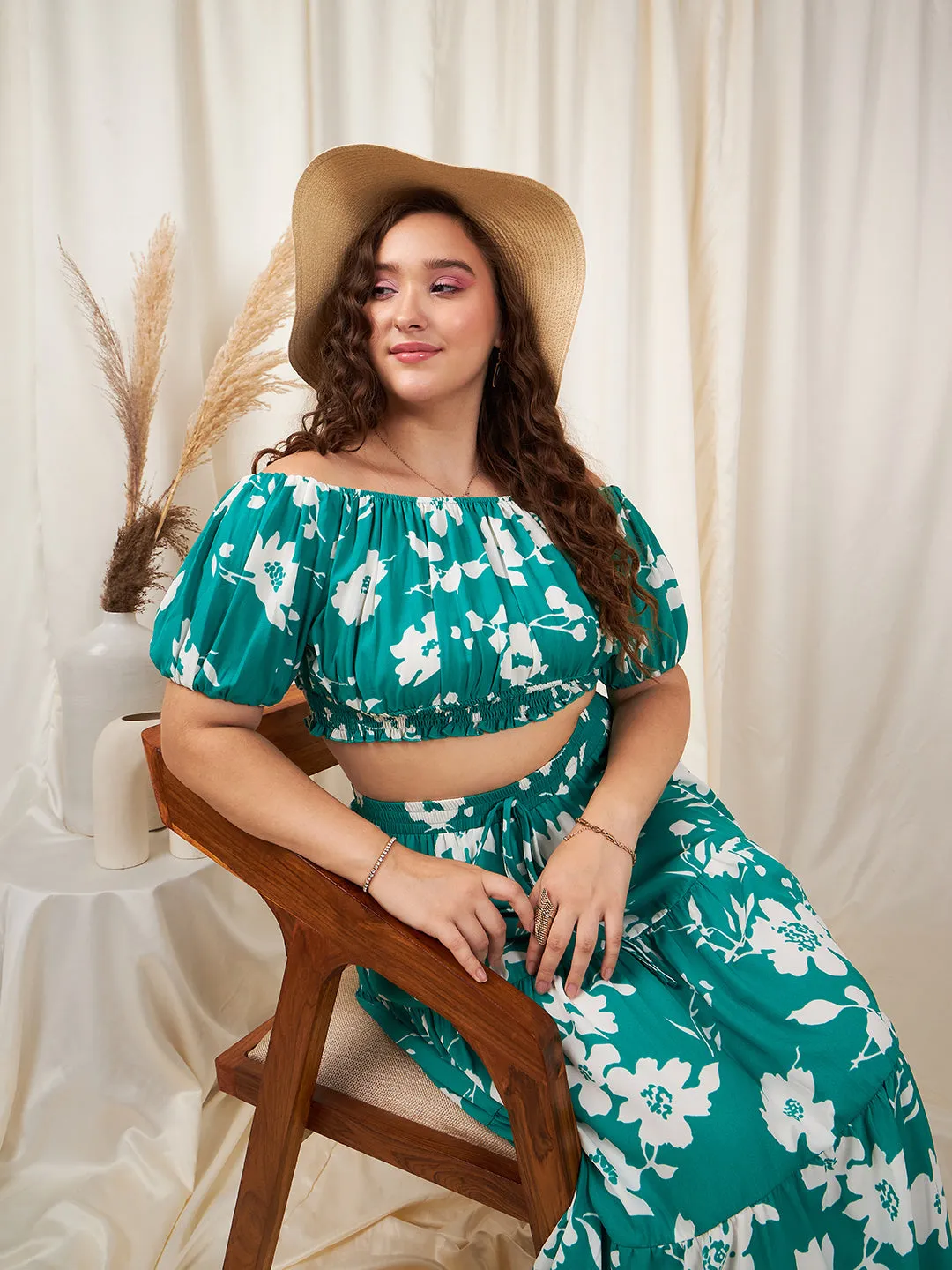 Berrylush Women Plus Size Green & White Floral Printed Off-Shoulder Neck Puff Sleeve Ruffled Crop Top & Maxi Skirt Co-Ord Set