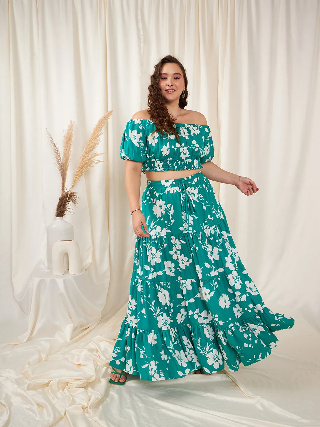 Berrylush Women Plus Size Green & White Floral Printed Off-Shoulder Neck Puff Sleeve Ruffled Crop Top & Maxi Skirt Co-Ord Set