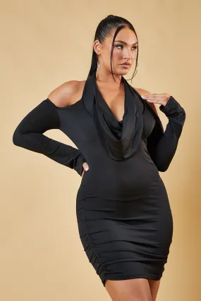 Black Cowl Neck Off Shoulder Mini Dress - Elsie