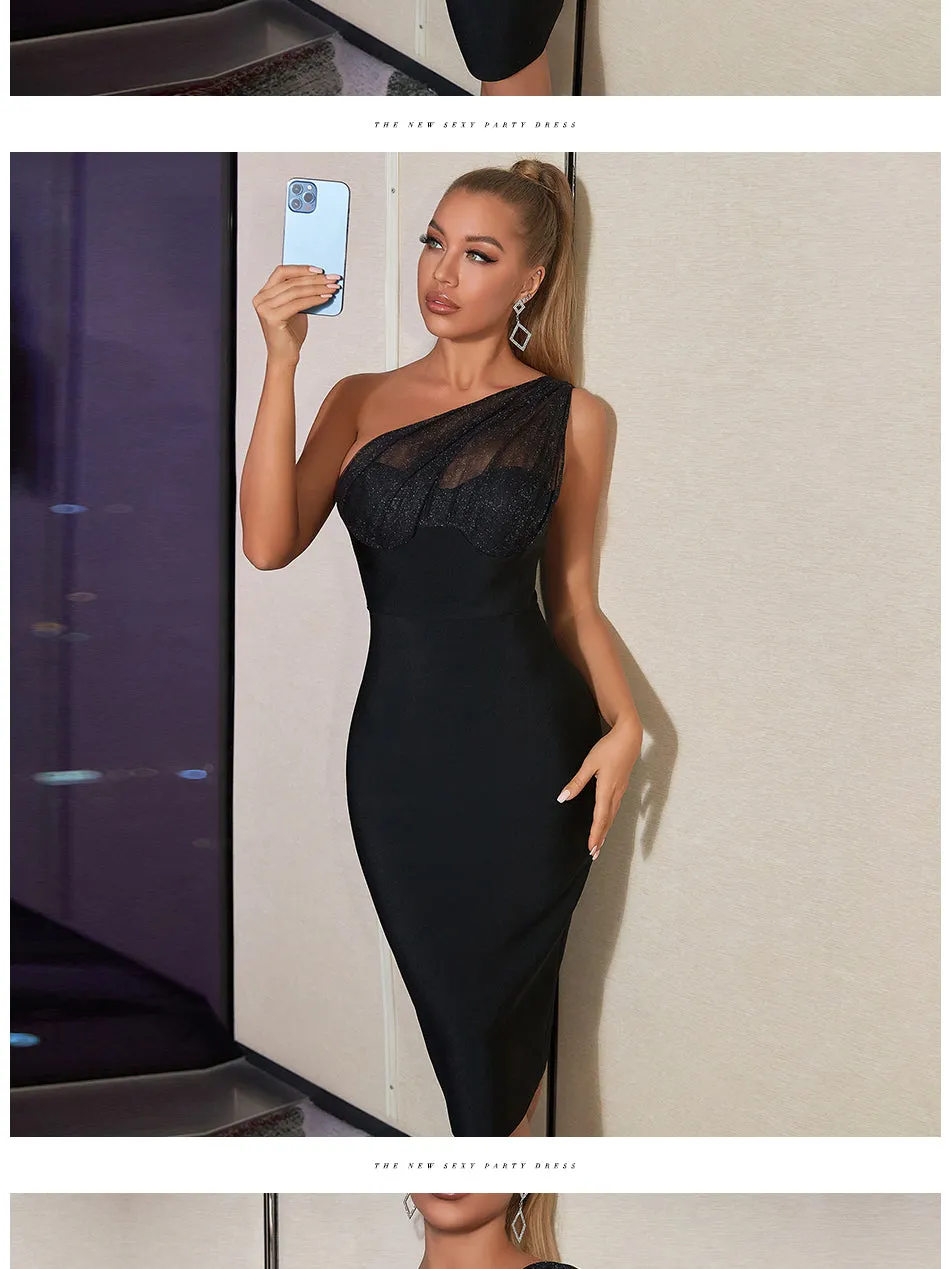 Black Lace Bodycon Bandage Outfits One Shoulder Sequins Evening Night Club Party Summer Formal Dress