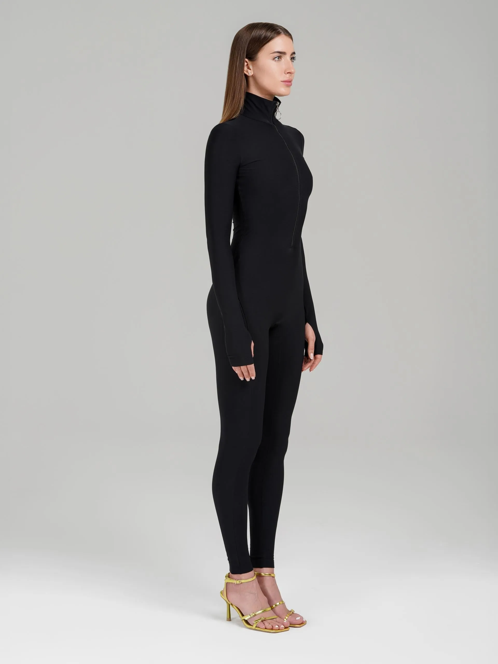 Black Long Sleeve Turtleneck Zip Up Full Bodysuit