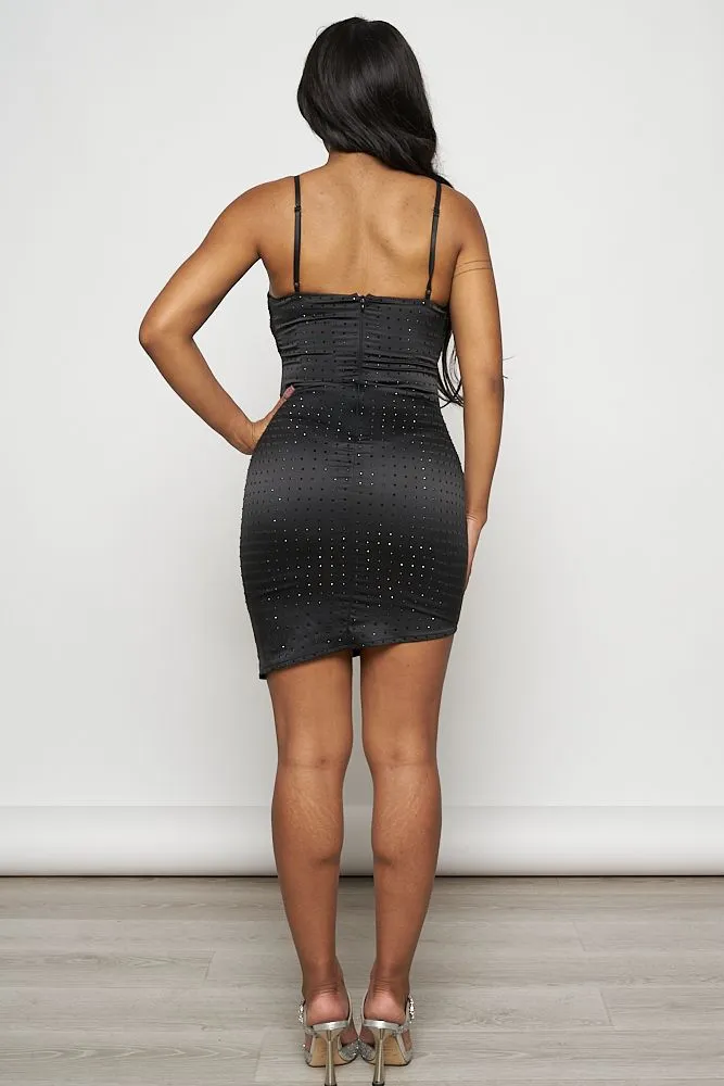 Black Rhinestone Studded Spaghetti Neck Bodycon Dress