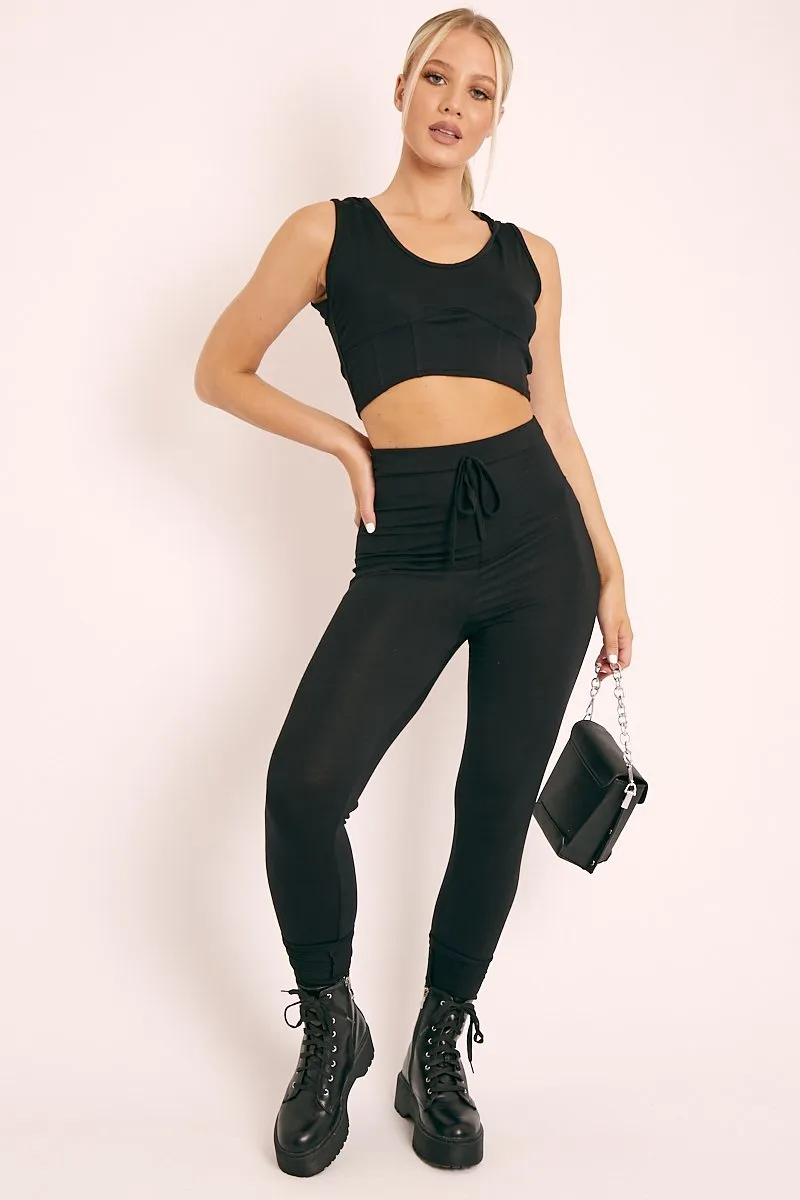 Black Short Sleeve Hooded Crop Top and Leggings Loungewear Co-ord - Betty