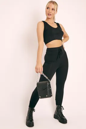 Black Short Sleeve Hooded Crop Top and Leggings Loungewear Co-ord - Betty