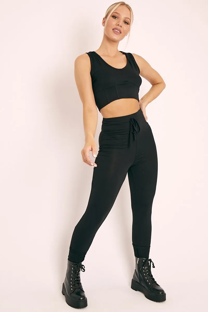 Black Short Sleeve Hooded Crop Top and Leggings Loungewear Co-ord - Betty