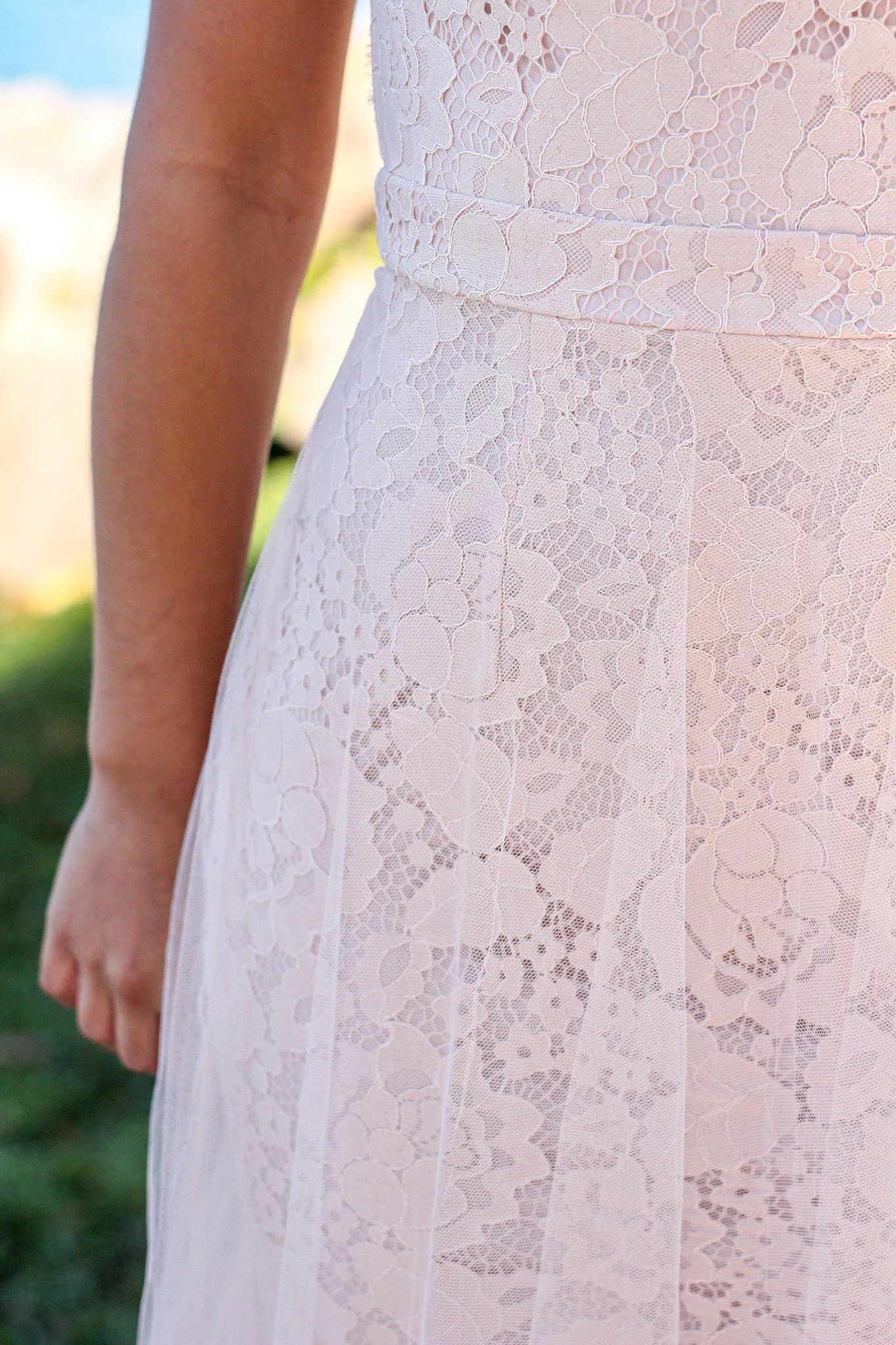 Blush Lace Maxi Dress with Open Back and Tulle Detail