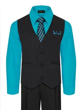 Boys Vest Pants Pinstriped 5 Piece Set With Shirt And Tie - Turquoise