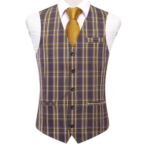 Brown Yellow Plaid Silk Men's Single Vest Waistcoat