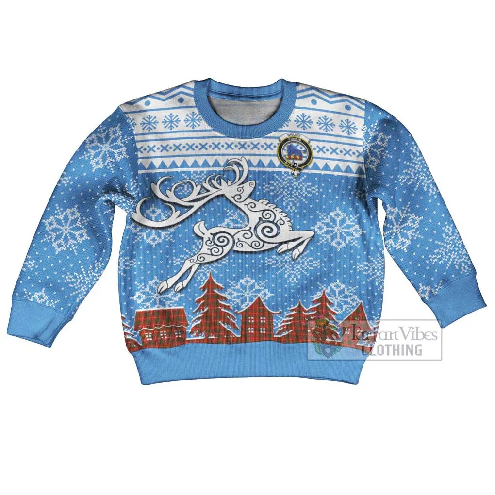 Bruce Clan Christmas Kid Ugly Sweater with Tartan and Celtic Reindeer Style