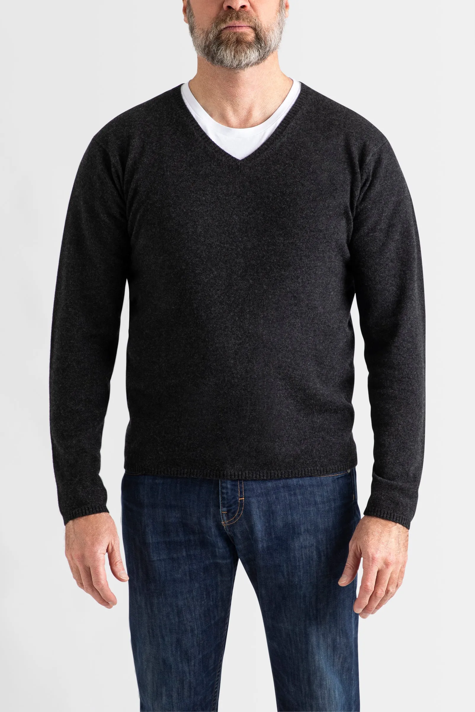 Cashmere Mens V-Neck in Dark Charcoal Marle