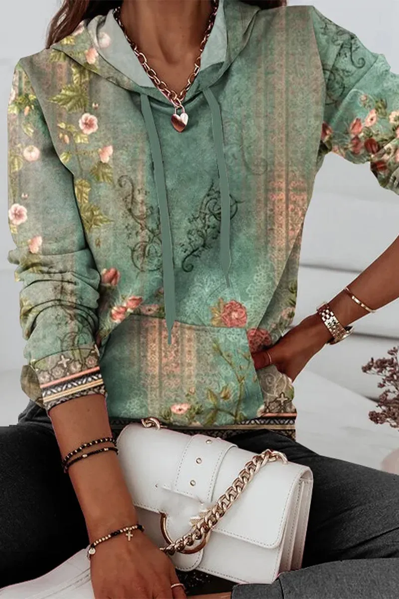 Casual Print Patchwork Hooded Collar Tops