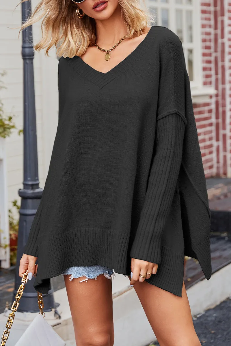 Casual Simplicity Solid Slit V Neck Tops(5 Colors)