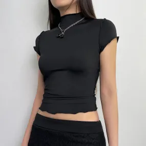 Casual Stitching Skinny Women T-shirts Solid Basic Turtleneck Streetwear Cropped Top All-Match Tee Shirt Outfits New