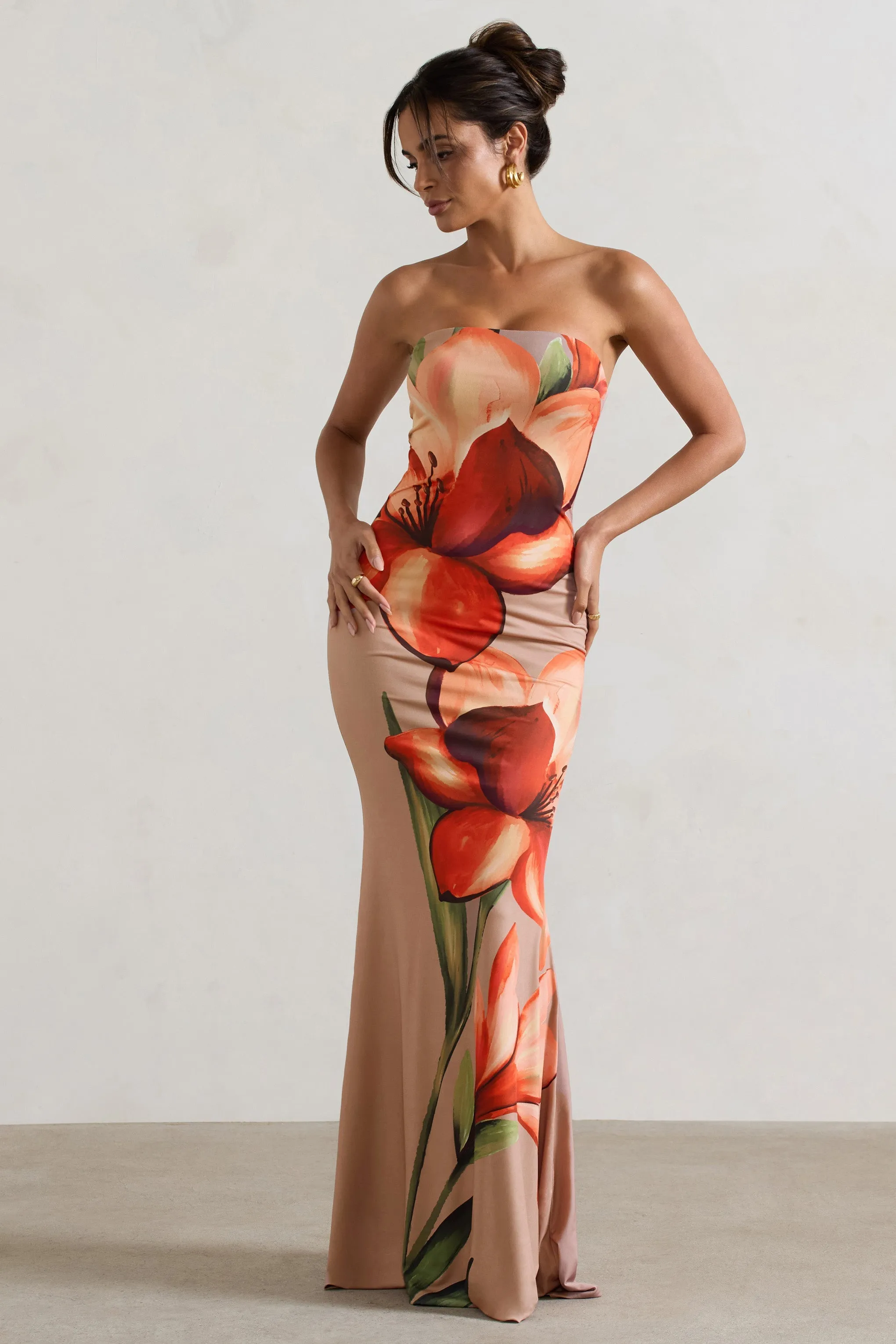 Ceremony | Orange and Mocha Floral Bandeau Fishtail Maxi Dress