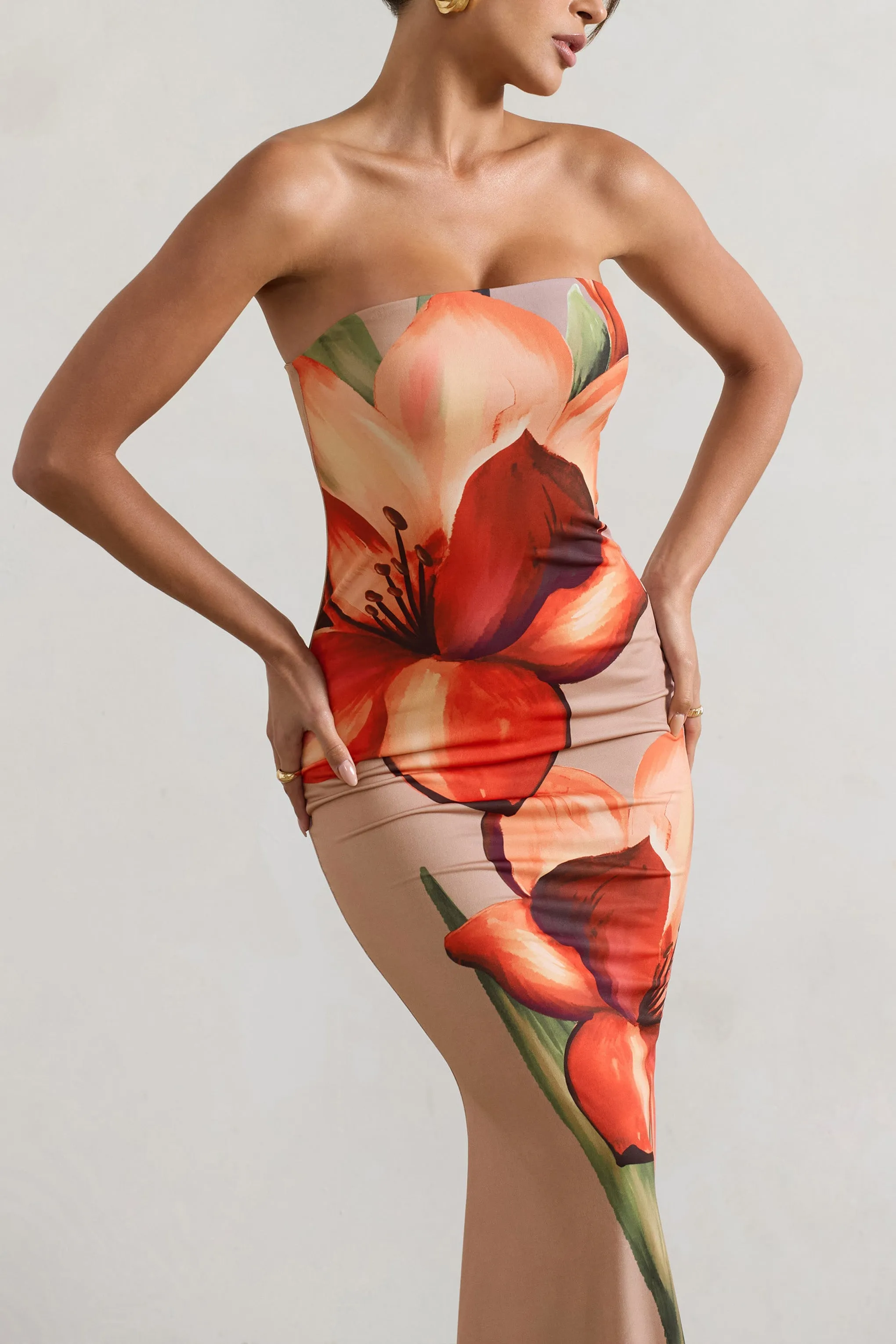 Ceremony | Orange and Mocha Floral Bandeau Fishtail Maxi Dress