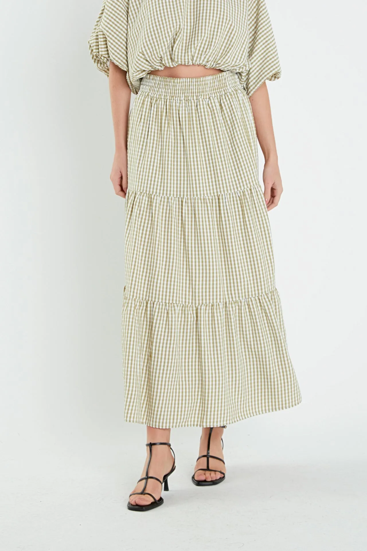 Check Print Tiered Maxi Skirt