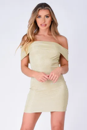 Chelsea Gold Metallic Sparkle Glitter Bardot Cuff Bodycon Dress