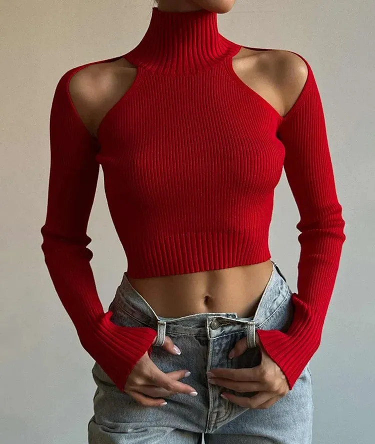 Chic Streetwear Vibes: Black Turtleneck Sweater with Off-Shoulder Hollow Out Design for Casual Elegance