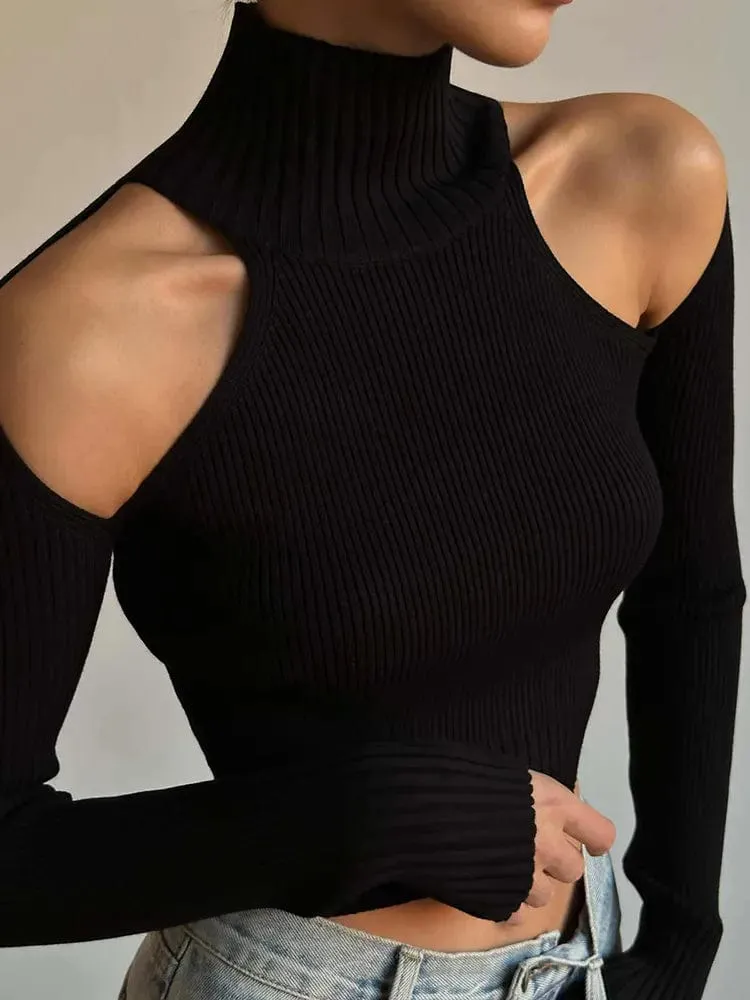 Chic Streetwear Vibes: Black Turtleneck Sweater with Off-Shoulder Hollow Out Design for Casual Elegance