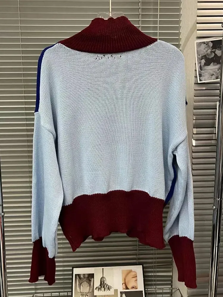 Colorblock Casual Knitting Sweaters For Women Turtleneck Long Sleeve Loose Streetwear Sweater Female Fashion