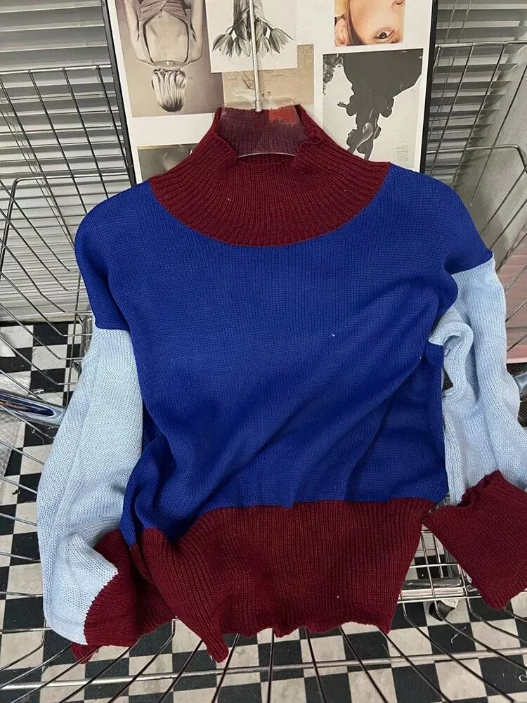 Colorblock Casual Knitting Sweaters For Women Turtleneck Long Sleeve Loose Streetwear Sweater Female Fashion