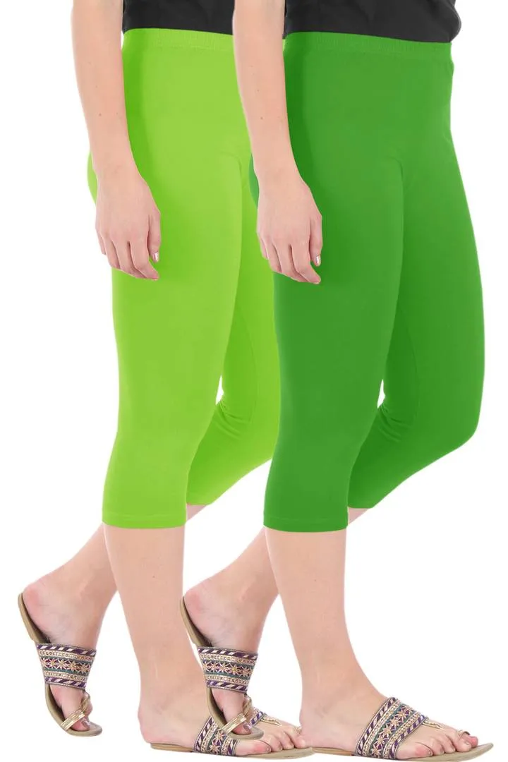 Combo Pack of 2 Skinny Fit 3/4 Capris Leggings for Women Merin Green Parrot Green