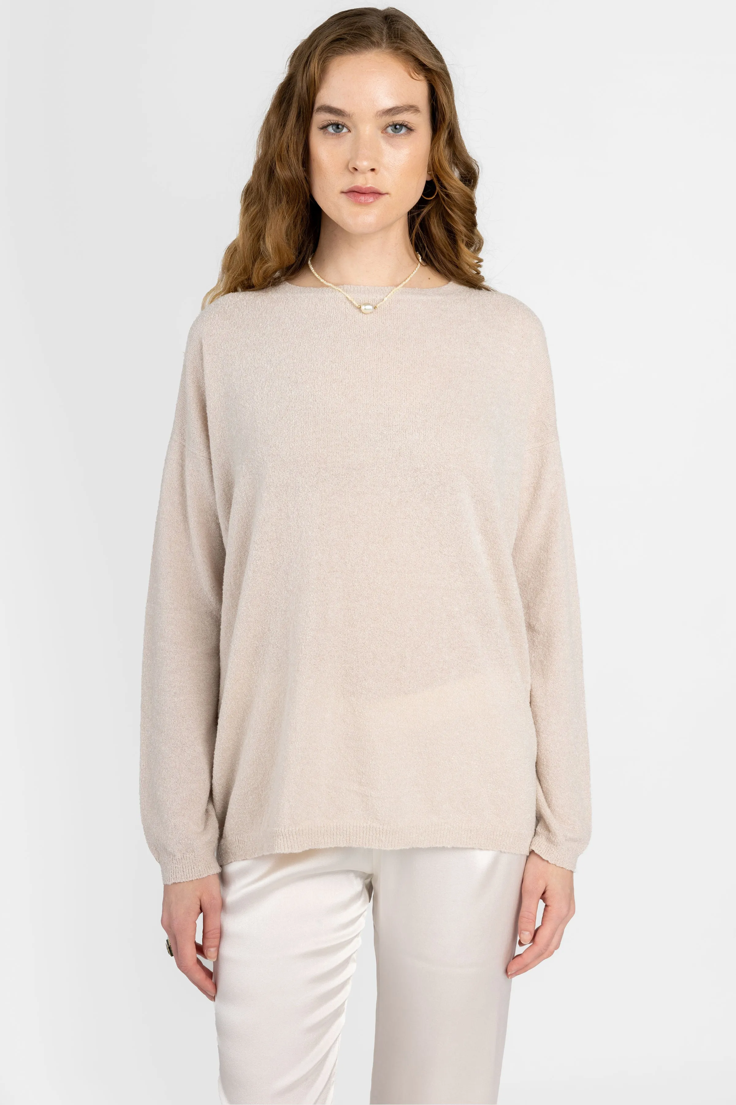 Cotton Silk Crewneck Pullover Sweater in Pearl