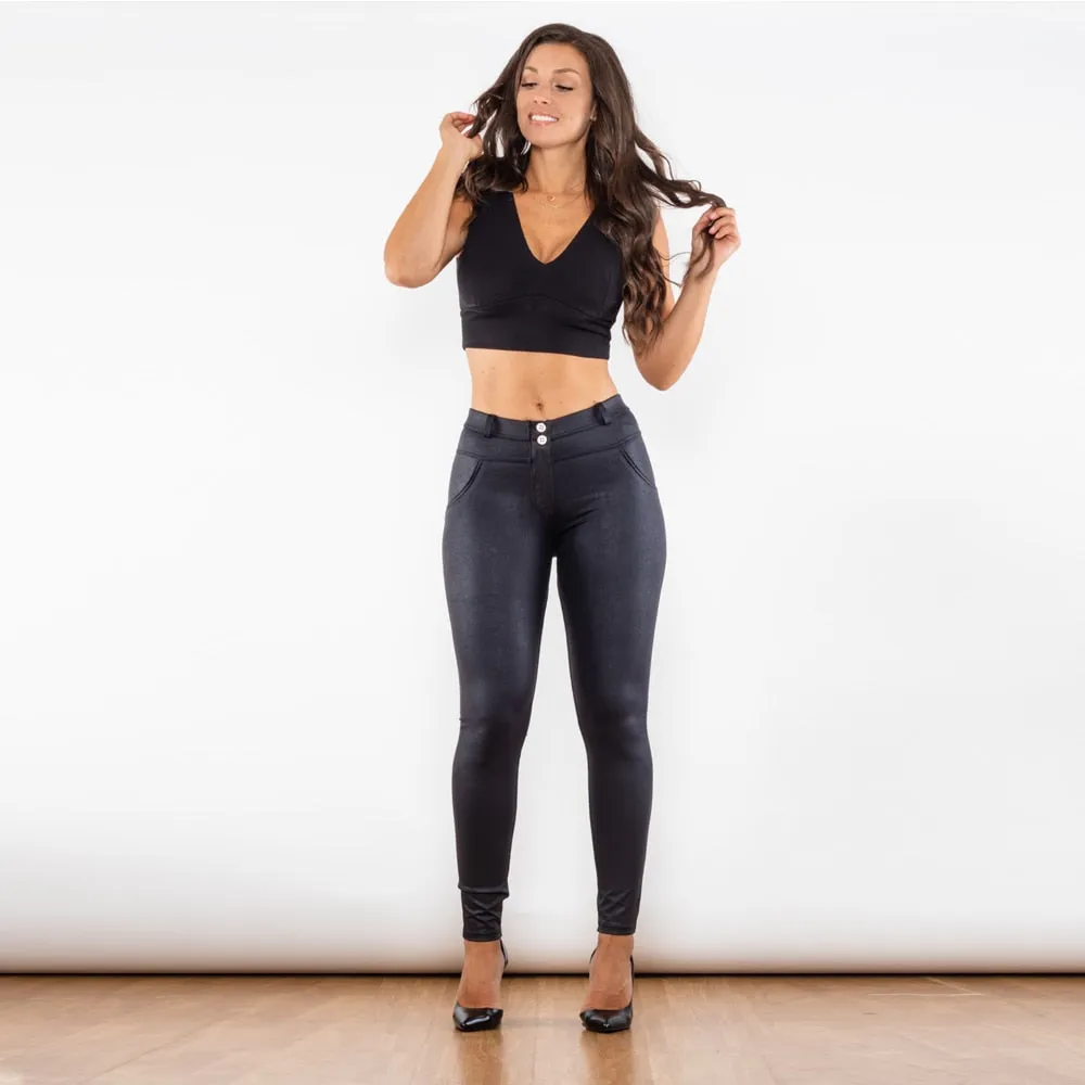 Crackle Black Coated Middle Waist Lifting Pants