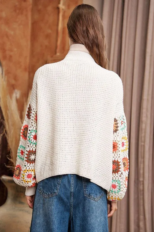 Crochet Floral Printed Long Sleeve Knit Cardigan - FASHIONGO