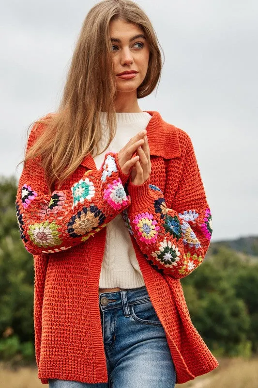 Crochet Floral Printed Long Sleeve Knit Cardigan - FASHIONGO