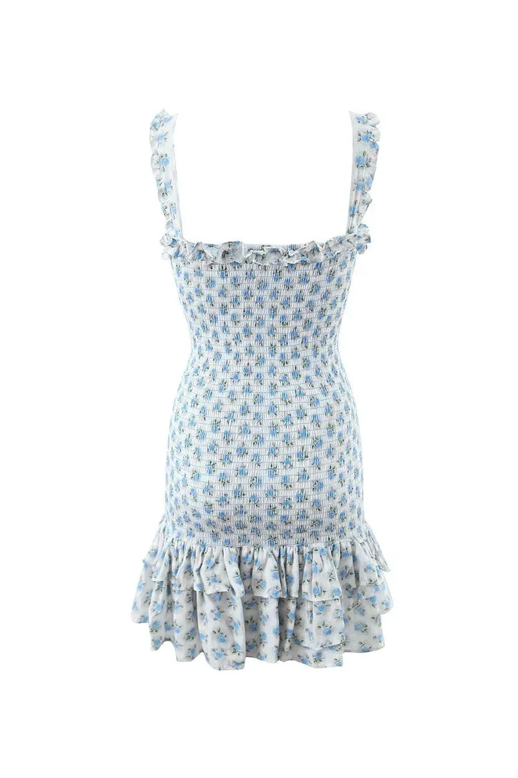 Cute Floral Print Ruffle Square Neck Bodycon Tiered Smocked Mini Sundress