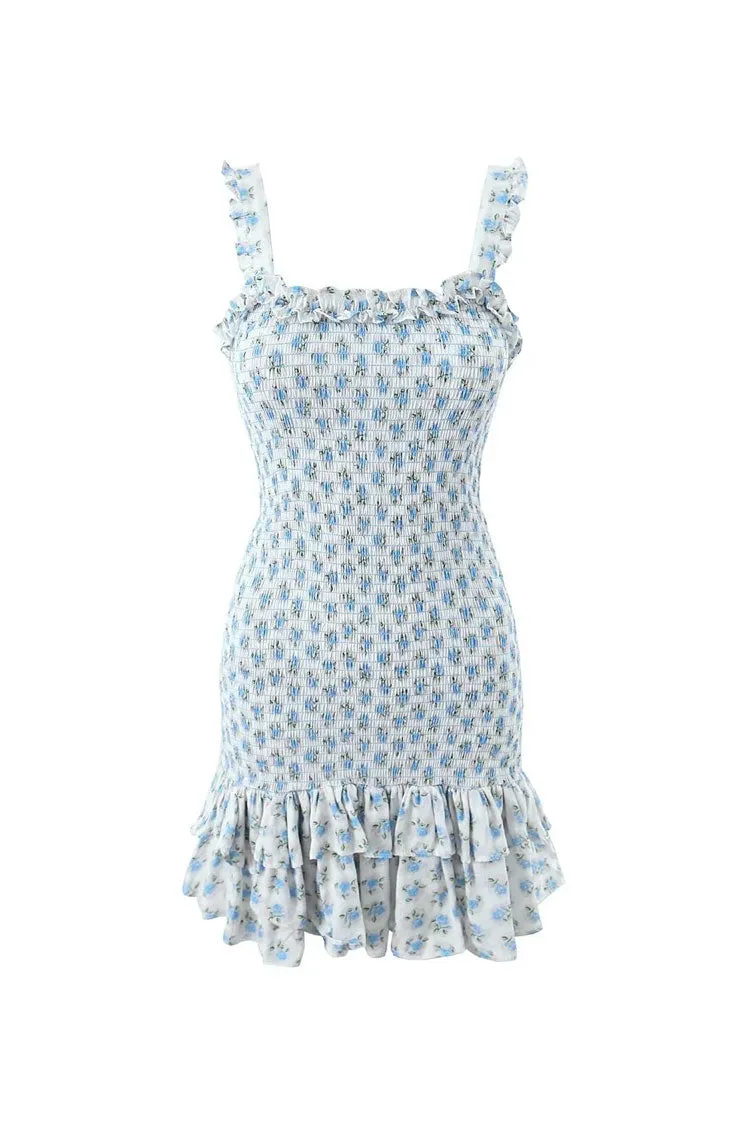 Cute Floral Print Ruffle Square Neck Bodycon Tiered Smocked Mini Sundress