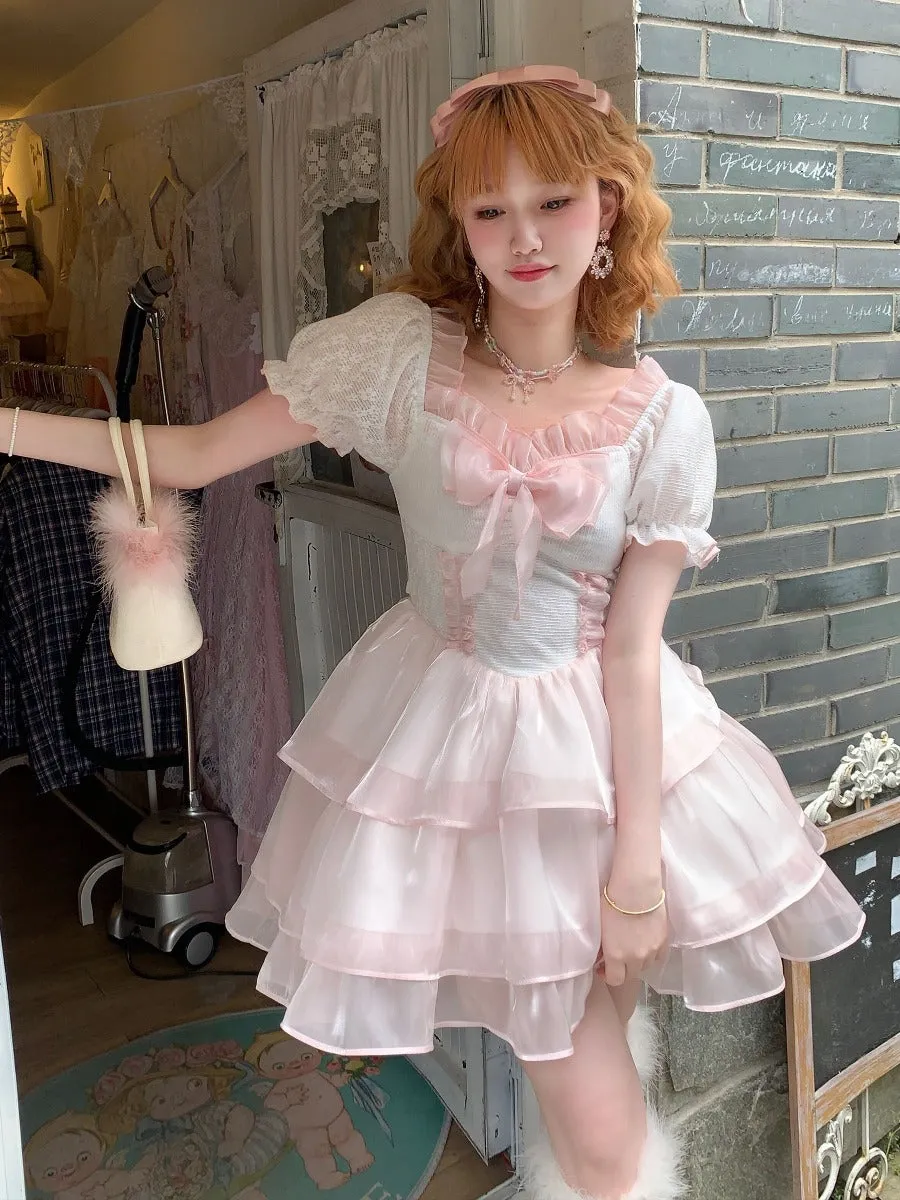 Cute girl fresh and sweet tie puff sleeve dress