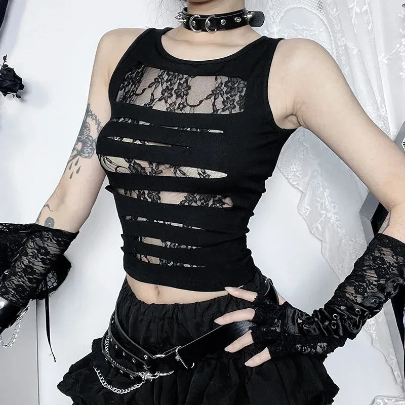 Dark Punk Sexy Bodycon Out Gothic Techwear Lace Crop Mall Grunge Cut Splice Top