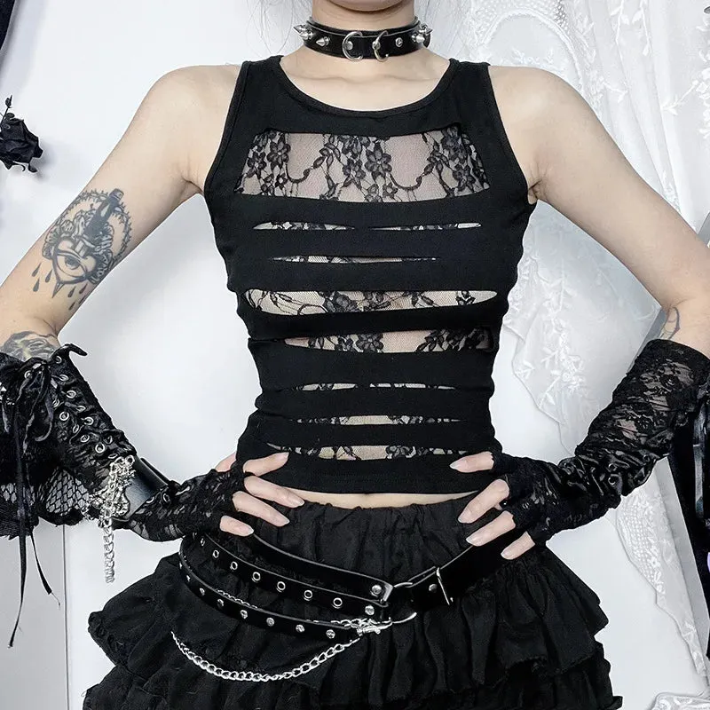 Dark Punk Sexy Bodycon Out Gothic Techwear Lace Crop Mall Grunge Cut Splice Top