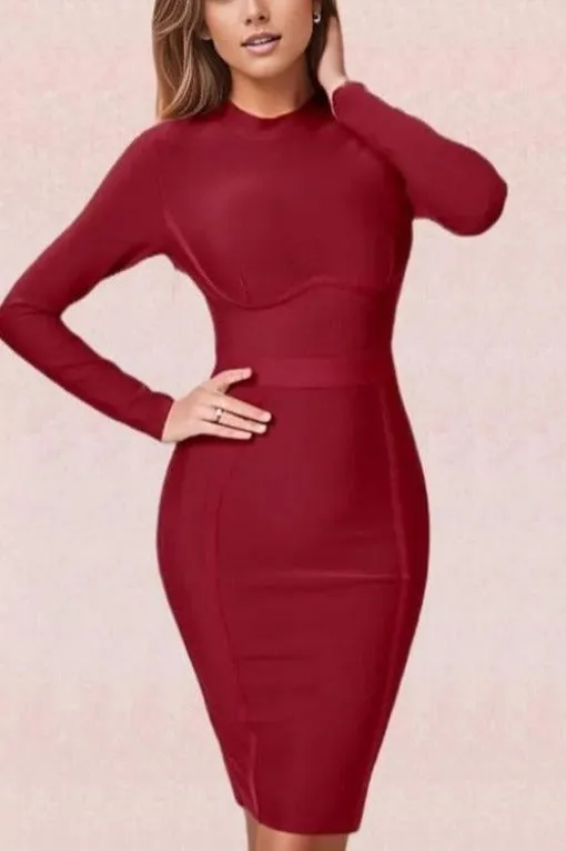 Dee Long Sleeve Bandage Dress - Red Wine